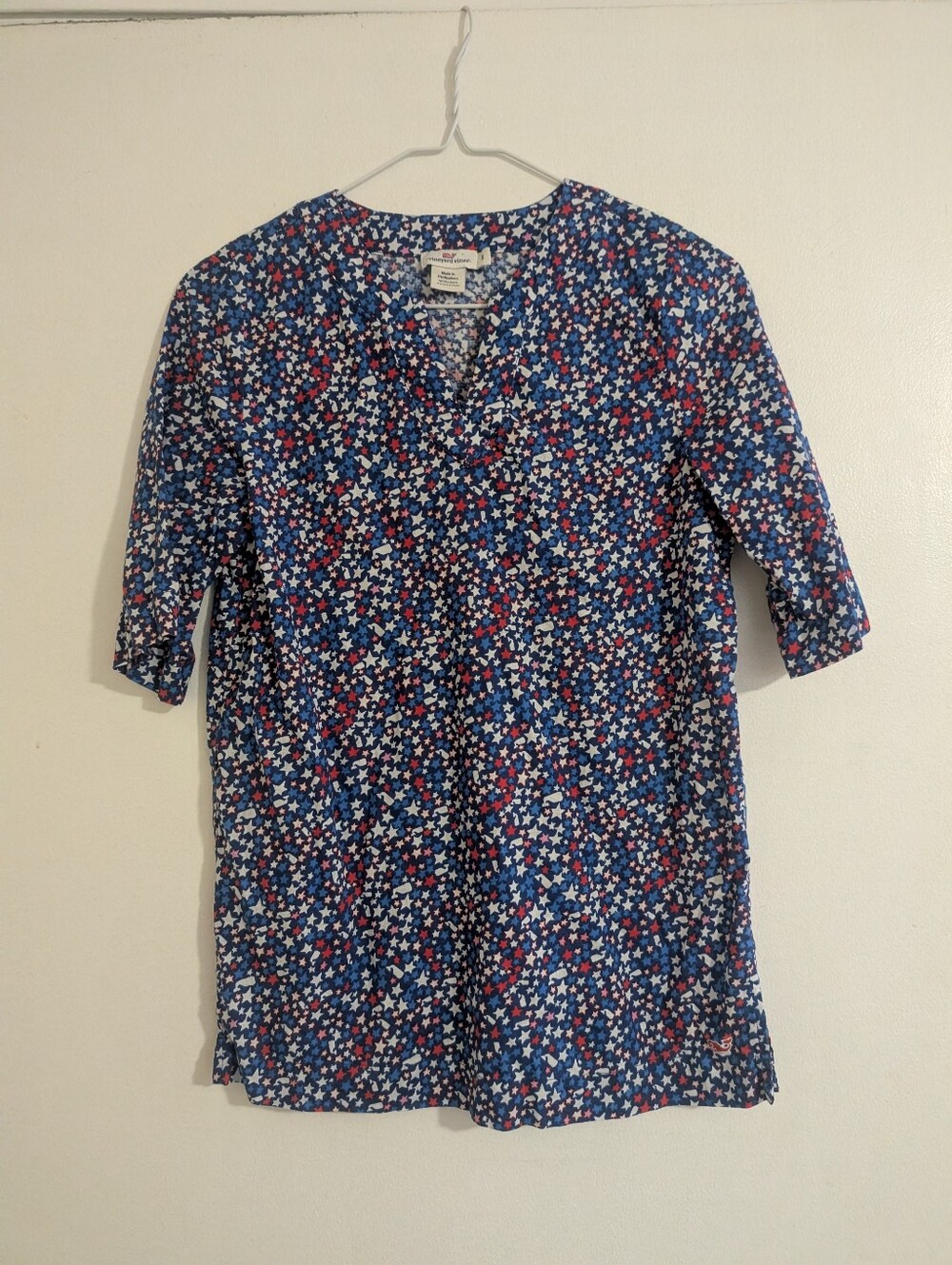 Vineyard Vines Patriotic Stars & Whales Linen Cotton Split Neck Tunic Blouse S